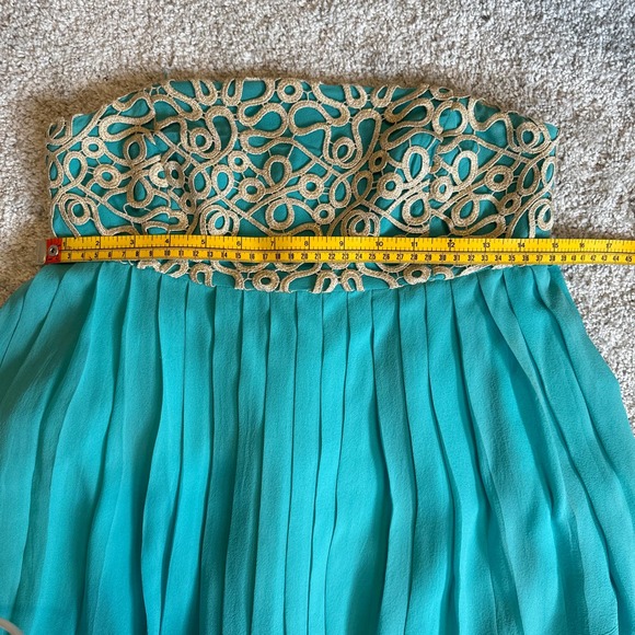 Lilly Pulitzer Jillie Strapless Dress in Teal with Cream/Gold Applique Size 4‎ - Picture 7 of 10